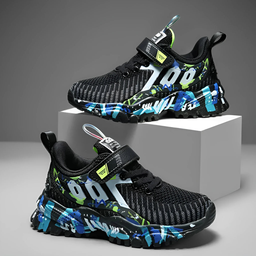 Big kids breathable mesh sports shoes with flyweave upper and Velcro fastening in black and yellow