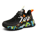 Big kids breathable mesh sports shoes with flyweave upper and Velcro fastening in black and yellow