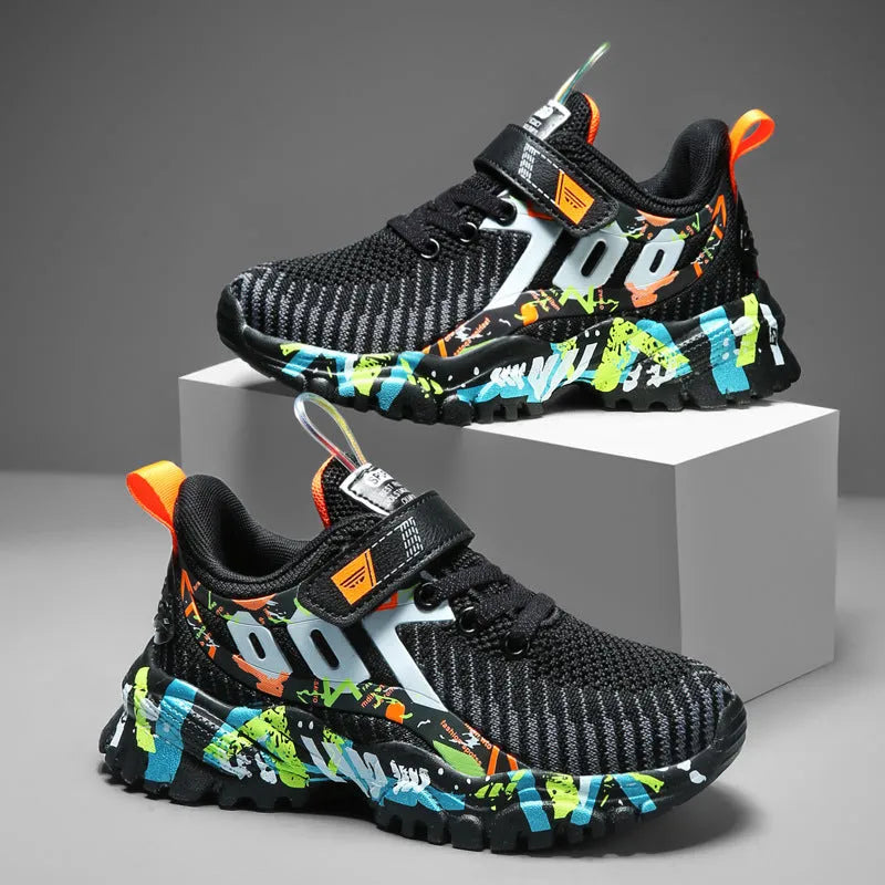 Big kids breathable mesh sports shoes with flyweave upper and Velcro fastening in black and yellow