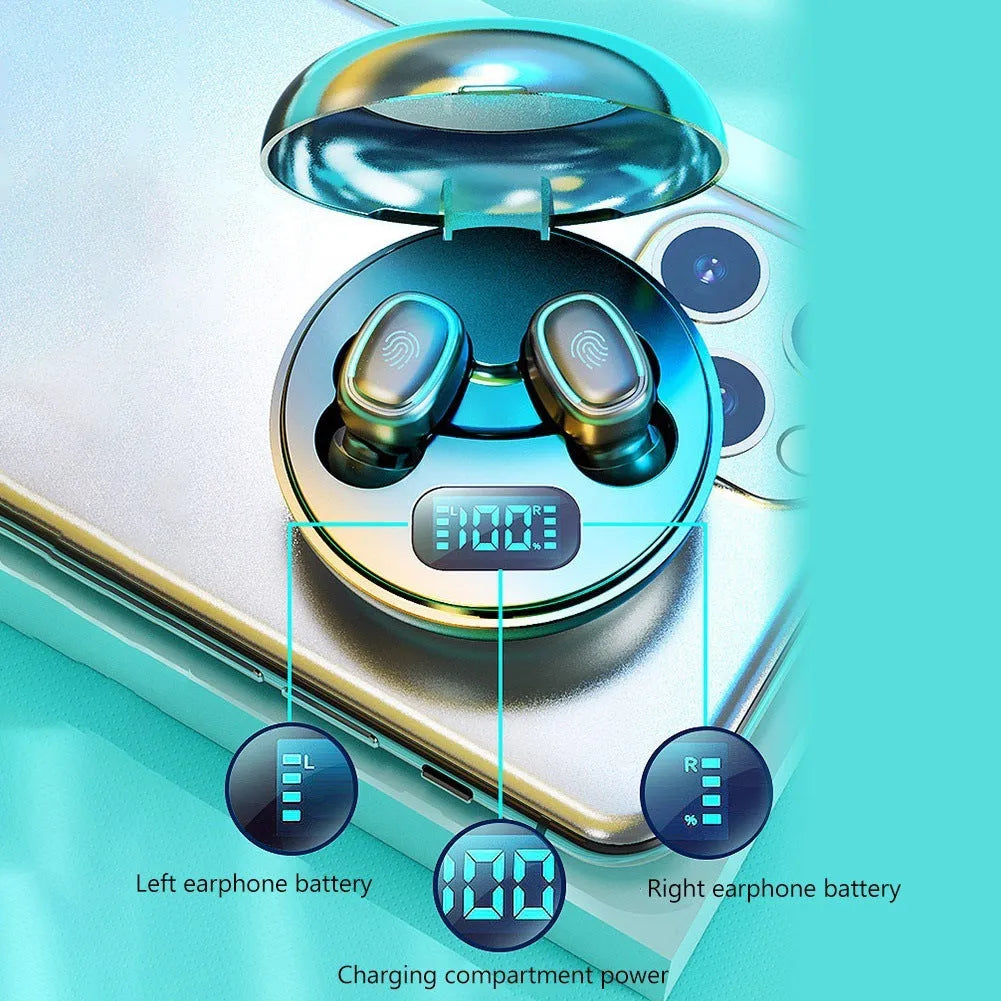 Mini wireless in-ear headphones in black with Bluetooth 5.0 and power display