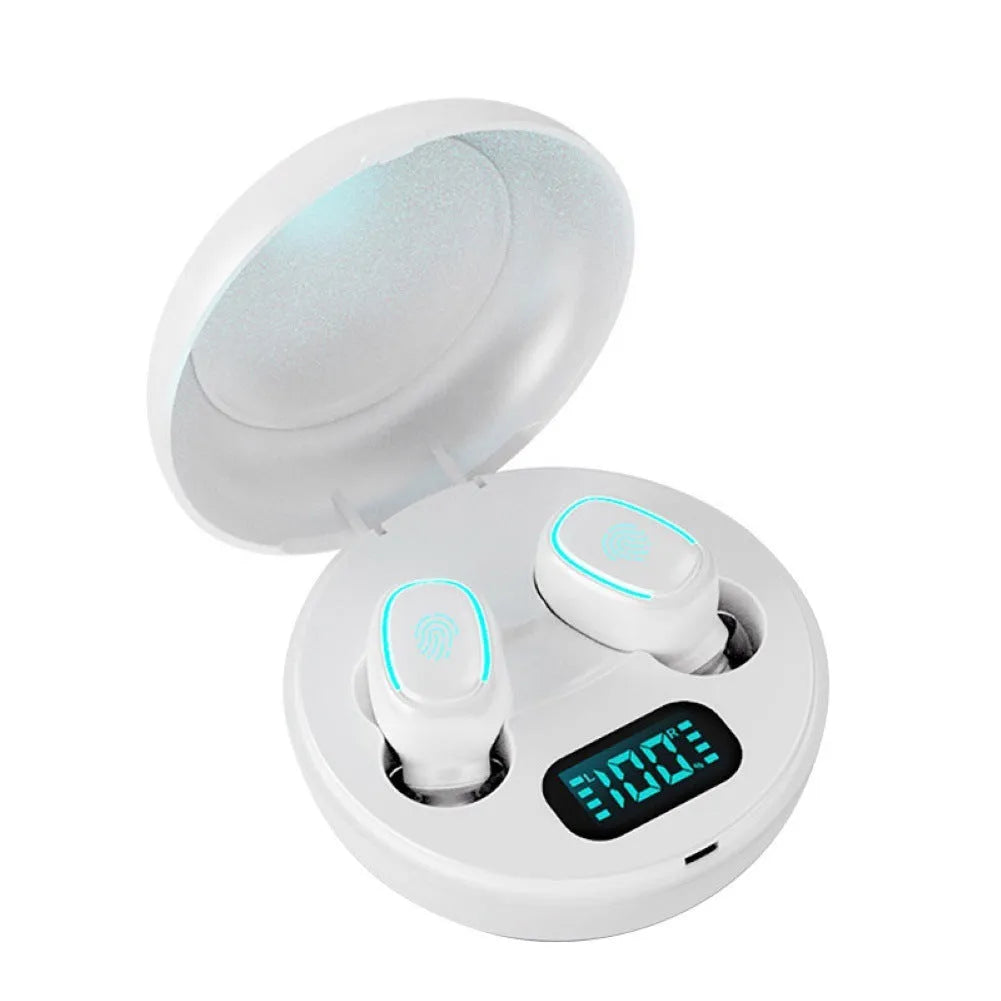 Mini wireless in-ear headphones in black with Bluetooth 5.0 and power display