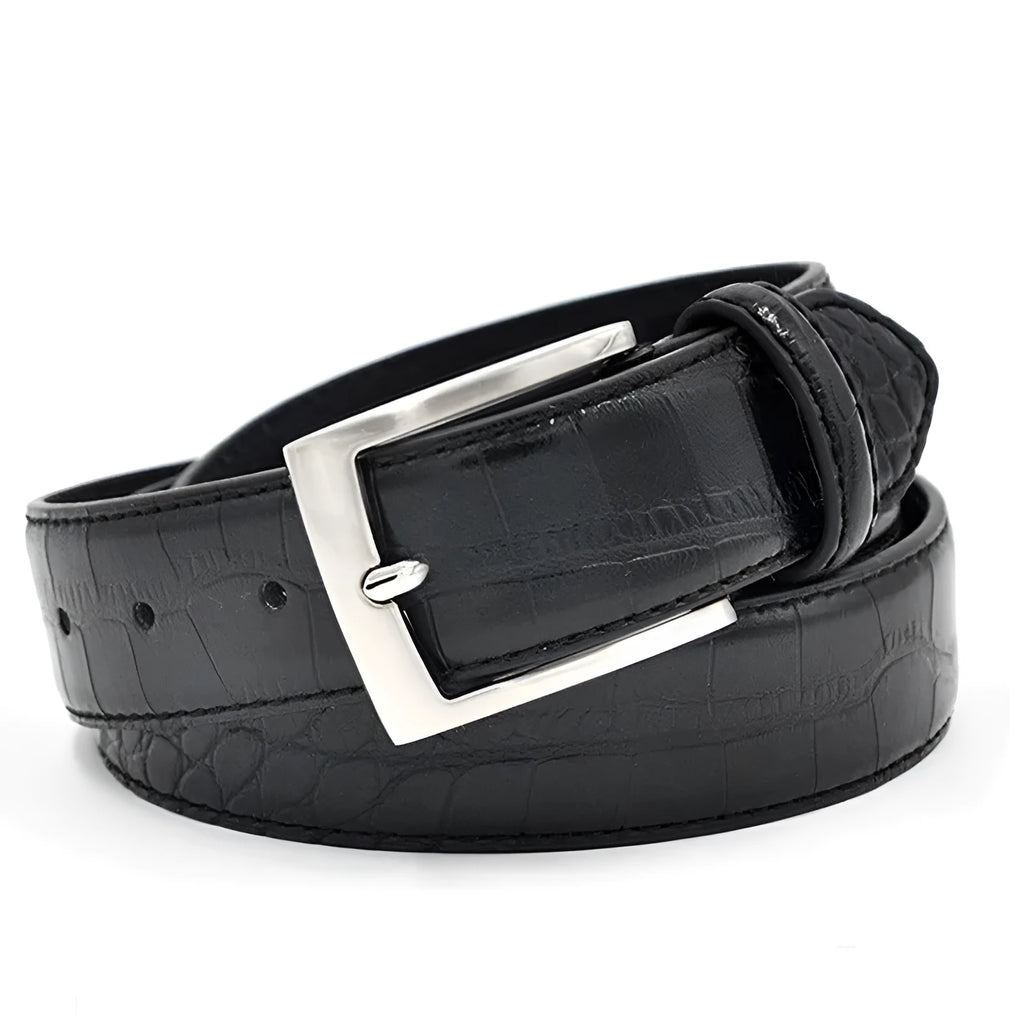 Men's fashion waist belt in imitation leather with alloy rectangular pin buckle, car suture detail, black colour