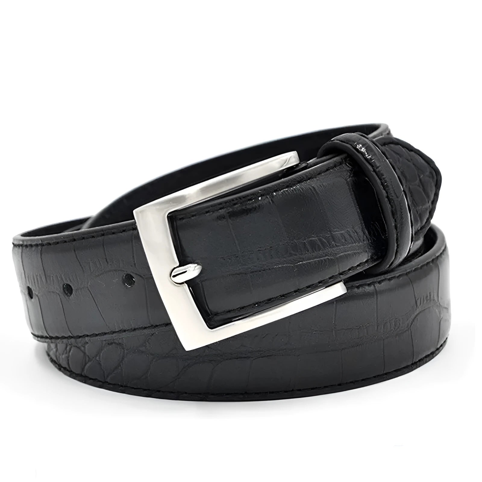 Men's fashion waist belt in imitation leather with alloy rectangular pin buckle, car suture detail, black colour