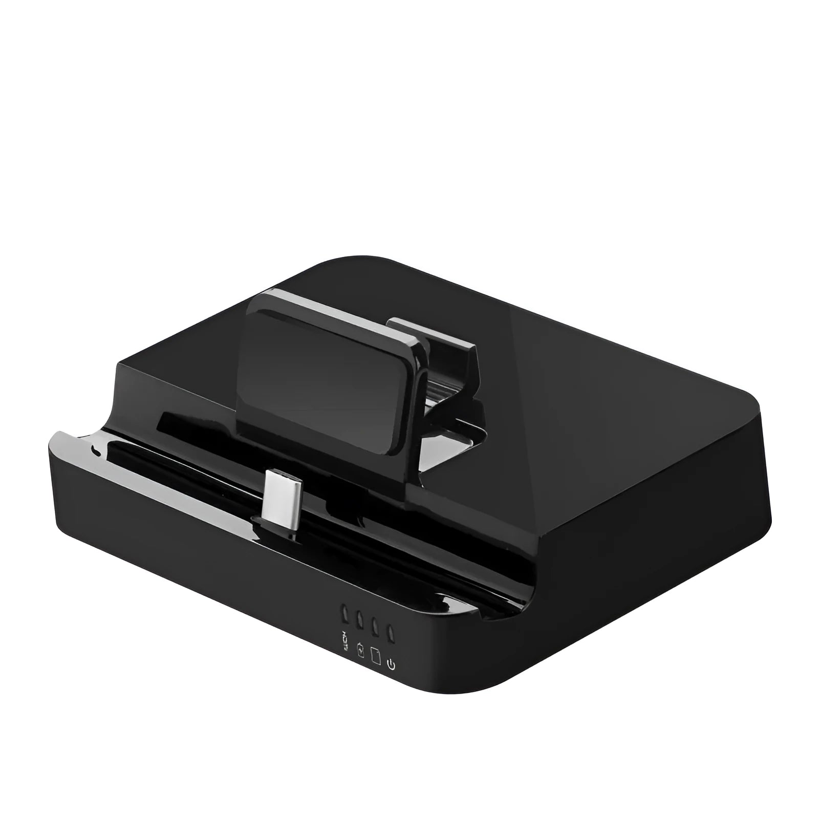 Black mobile phone dock converter for connecting a smartphone to an HD television or monitor.