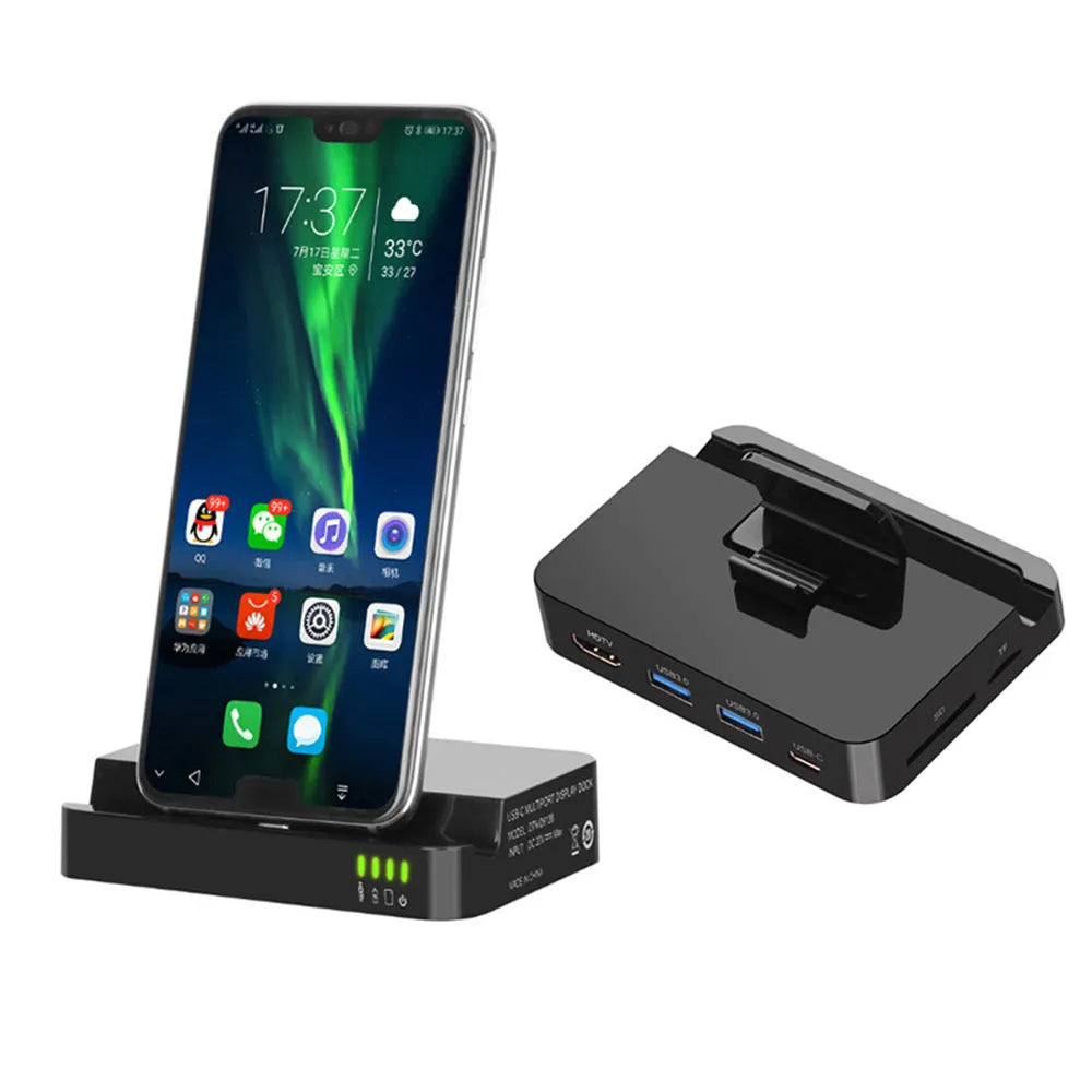 Black mobile phone dock converter for connecting a smartphone to an HD television or monitor.