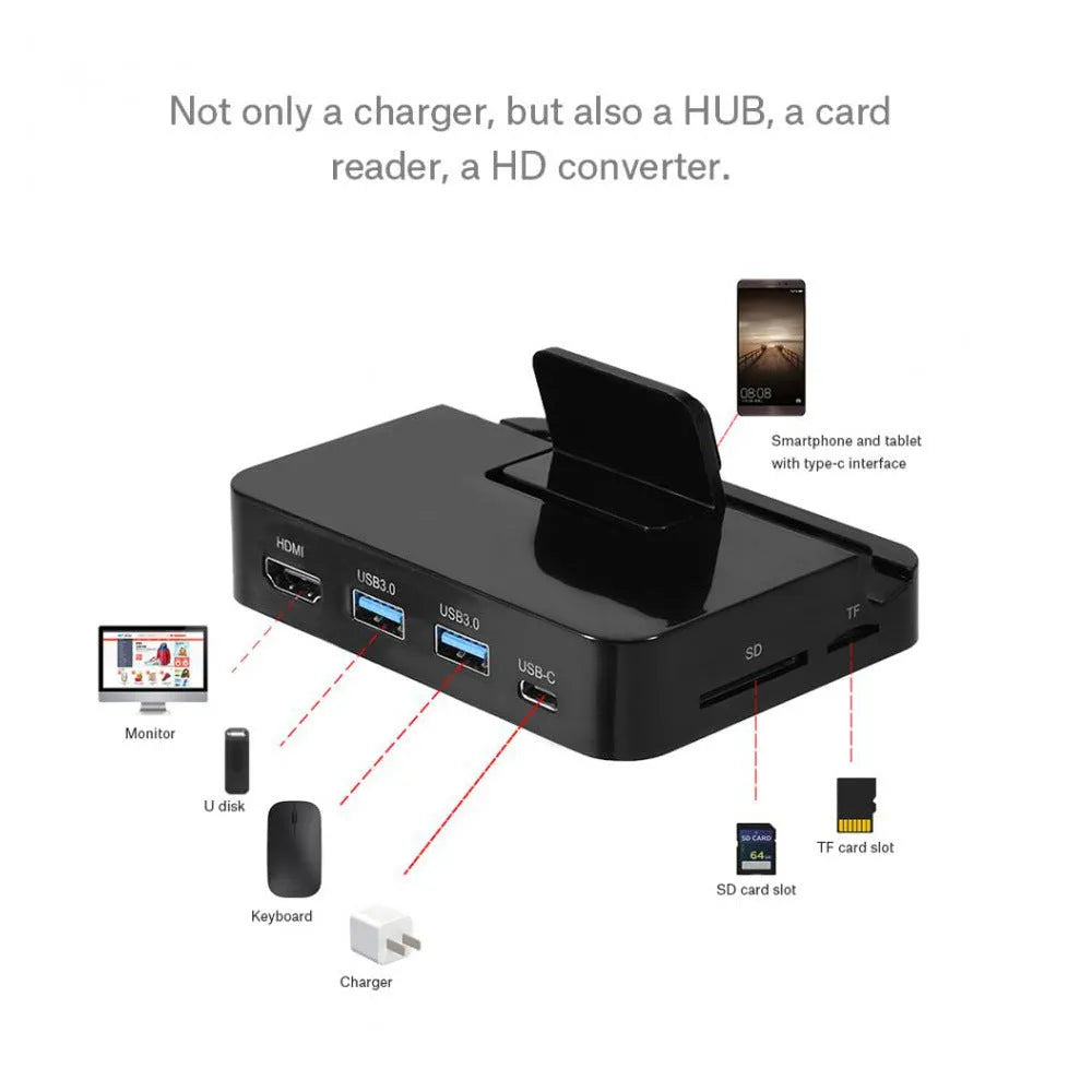 Black mobile phone dock converter for connecting a smartphone to an HD television or monitor.