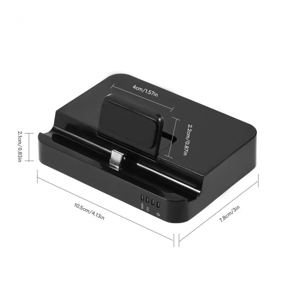 Black mobile phone dock converter for connecting a smartphone to an HD television or monitor.