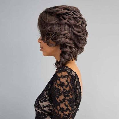 Black synthetic wig with wave pattern, oblique bangs, heat-resistant fibres for 180°C styling