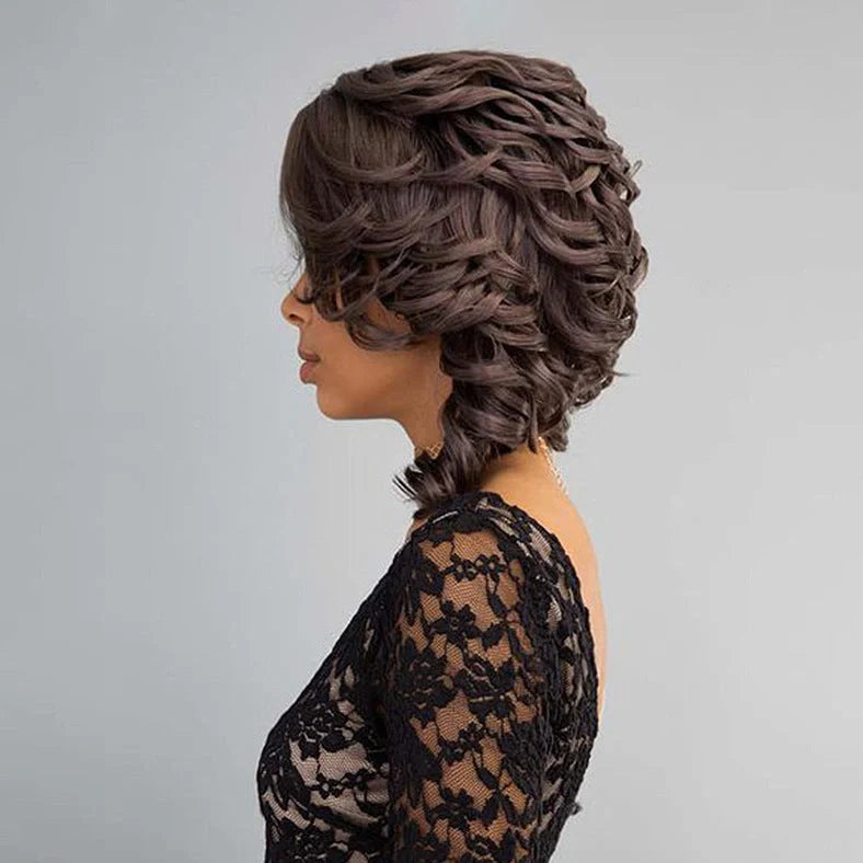 Black synthetic wig with wave pattern, oblique bangs, heat-resistant fibres for 180°C styling