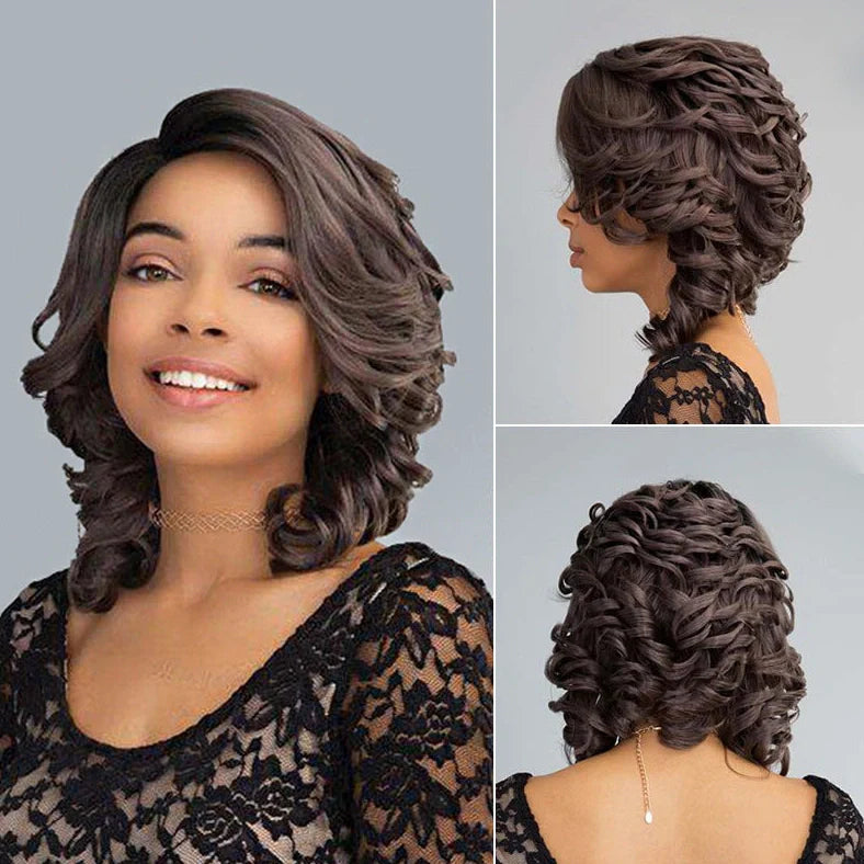 Black synthetic wig with wave pattern, oblique bangs, heat-resistant fibres for 180°C styling
