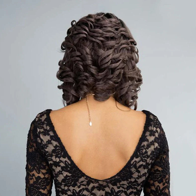 Black synthetic wig with wave pattern, oblique bangs, heat-resistant fibres for 180°C styling