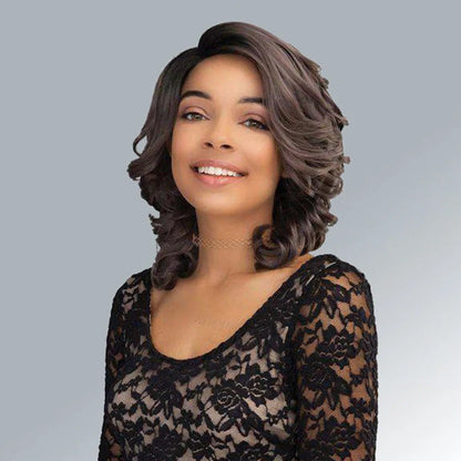 Black synthetic wig with wave pattern, oblique bangs, heat-resistant fibres for 180°C styling