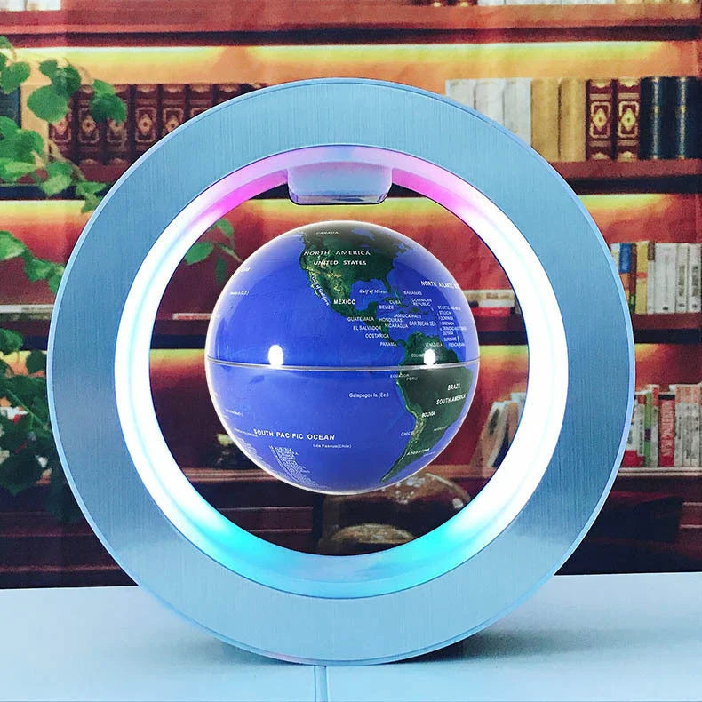 Round LED World Map Floating Globe hovering above base with magnetic levitation