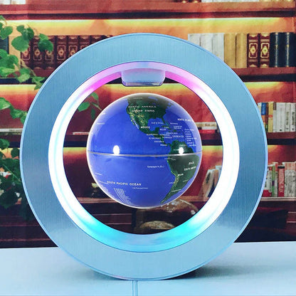 Round LED World Map Floating Globe hovering above base with magnetic levitation