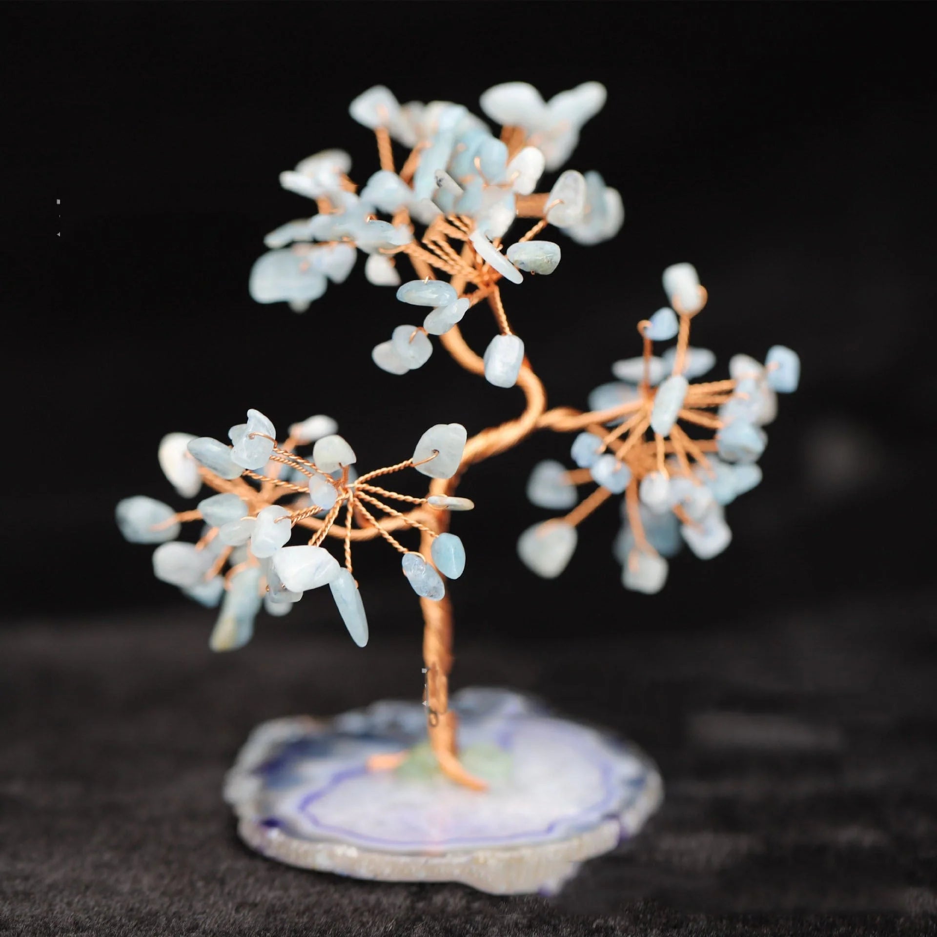 Aquamarine Crystal Fortune Tree Ornament with light blue hue and detailed plant modeling