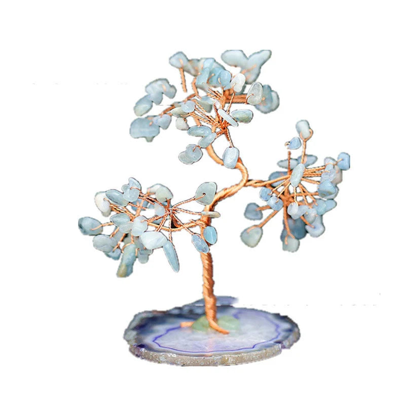 Aquamarine Crystal Fortune Tree Ornament with light blue hue and detailed plant modeling