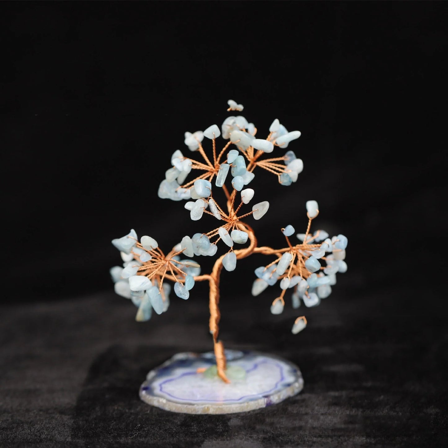 Aquamarine Crystal Fortune Tree Ornament with light blue hue and detailed plant modeling