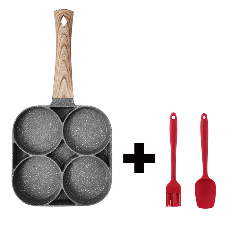 Four-hole non-stick frying pan with Bakelite handle for making eggs, burgers and pancakes.