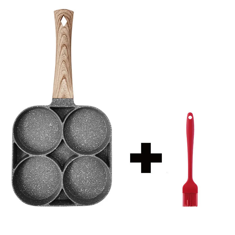 Four-hole non-stick frying pan with Bakelite handle for making eggs, burgers and pancakes.