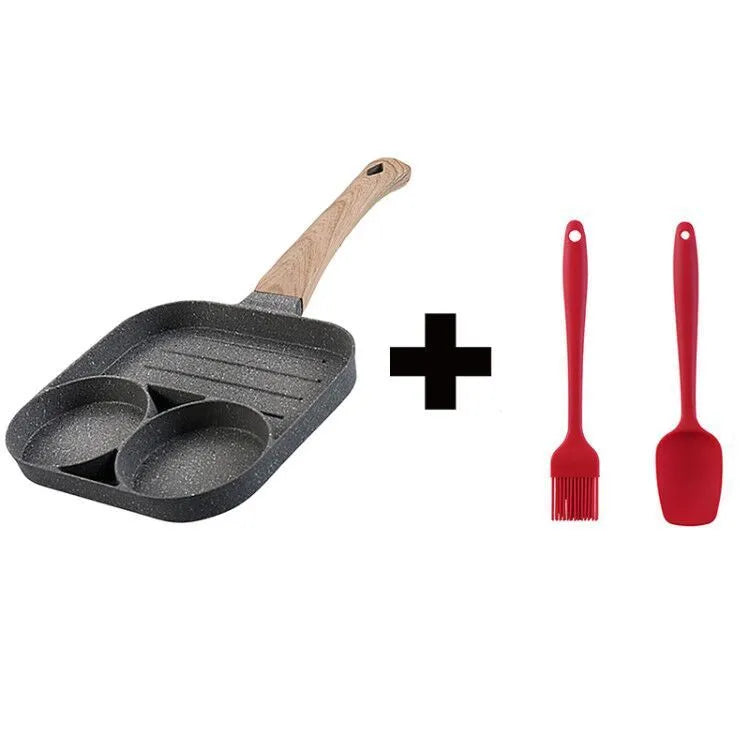 Four-hole non-stick frying pan with Bakelite handle for making eggs, burgers and pancakes.