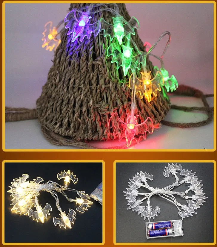 Halloween LED string lights with pumpkin, bat, ghost and spider decorations on a 1.2m waterproof battery-powered string