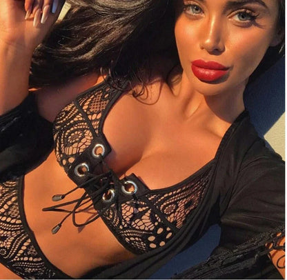 Women's three-point lingerie set with transparent bralette and high-waist panty for swimming