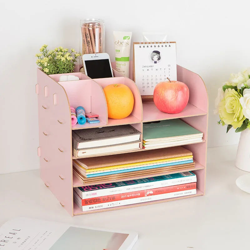 Korean-style wooden desk organiser with four floors containing 16 small storage boxes.