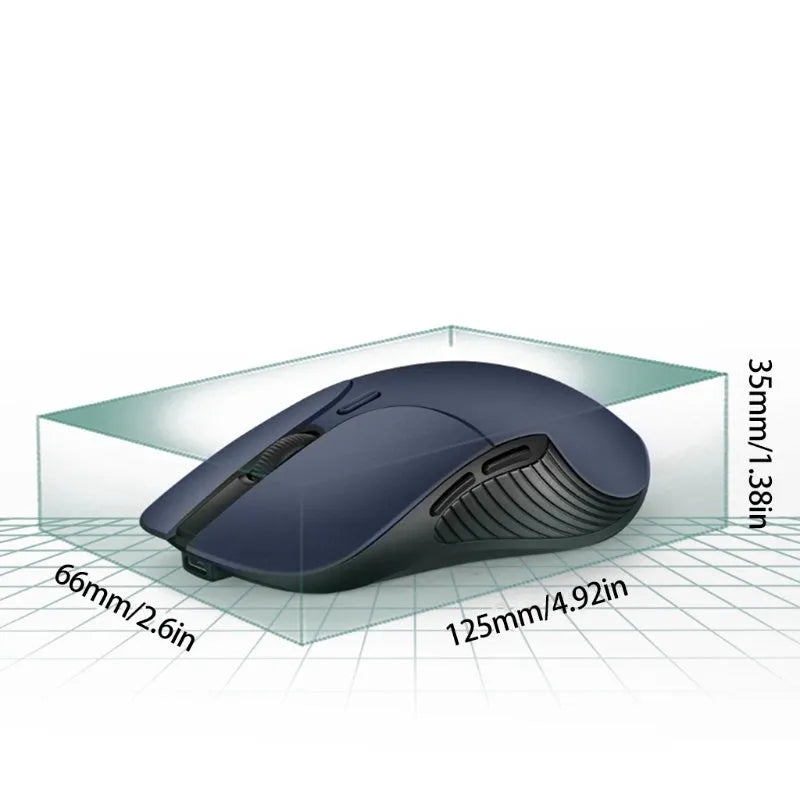 Blue Smart Voice Mouse with translation function on a desk next to a laptop.