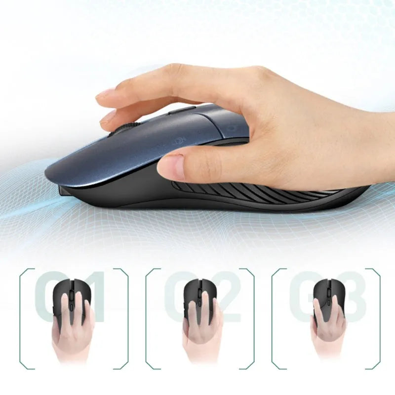 Blue Smart Voice Mouse with translation function on a desk next to a laptop.