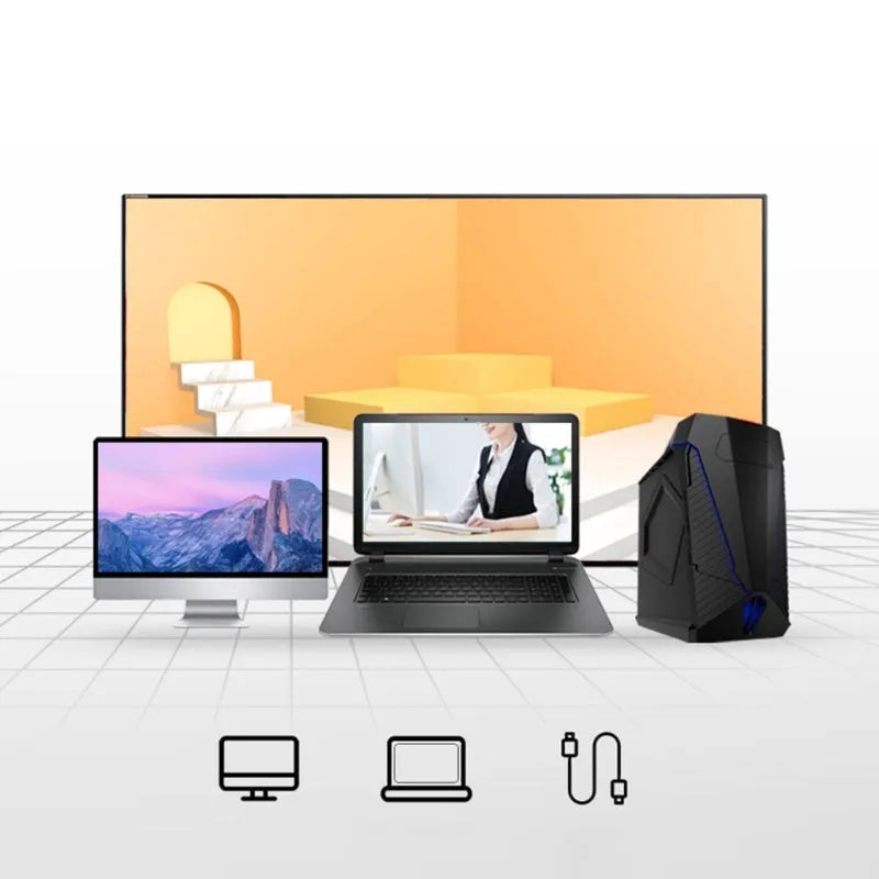 Blue Smart Voice Mouse with translation function on a desk next to a laptop.