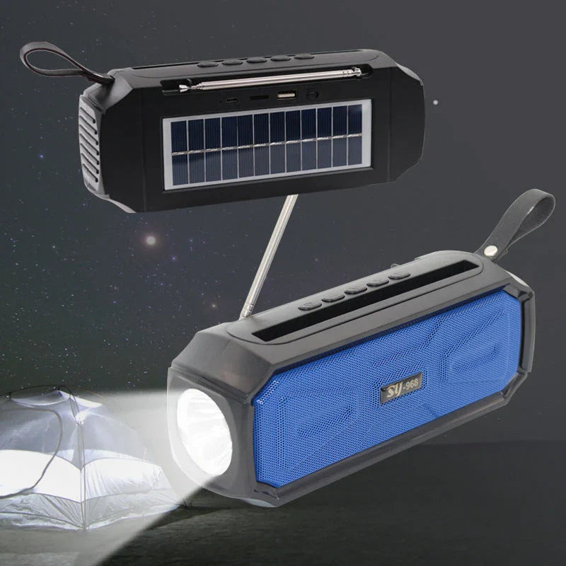 Solar-powered outdoor Bluetooth speaker with light, perfect for eco-friendly outdoor entertainment in New Zealand.