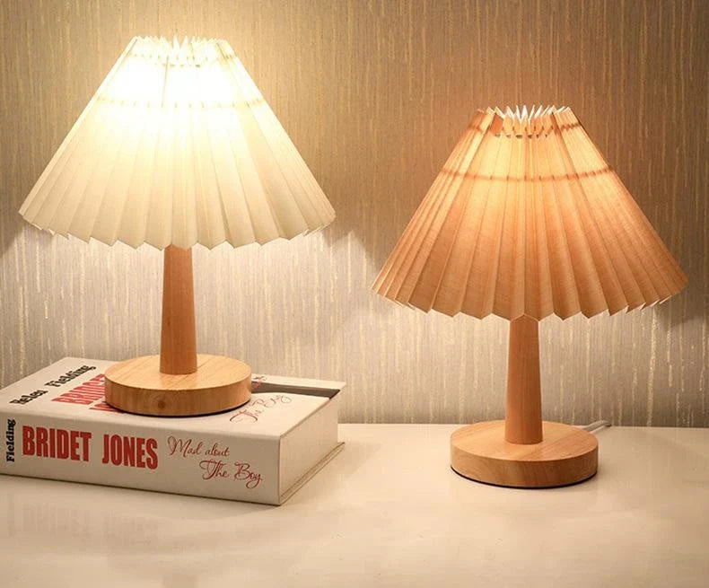 Versatile bedside lamp with dimmable LED light, bamboo base, and pleated fabric shade for New Zealand homes