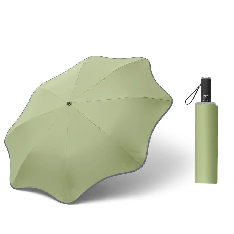 Curved automatic umbrella with luminous transparent canopy showing 8 alloy ribs and rubber handle