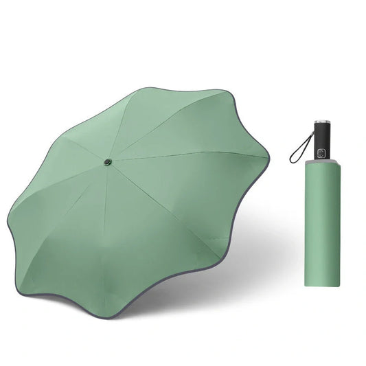 Curved automatic umbrella with luminous transparent canopy showing 8 alloy ribs and rubber handle
