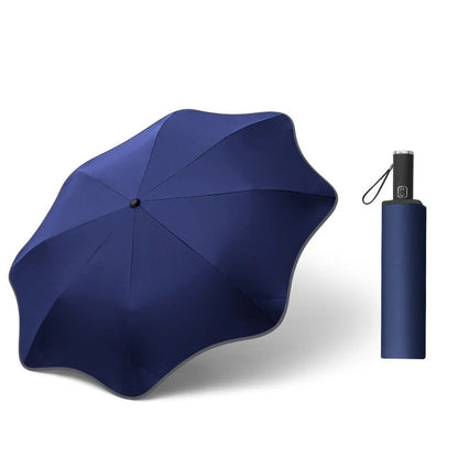 Curved automatic umbrella with luminous transparent canopy showing 8 alloy ribs and rubber handle