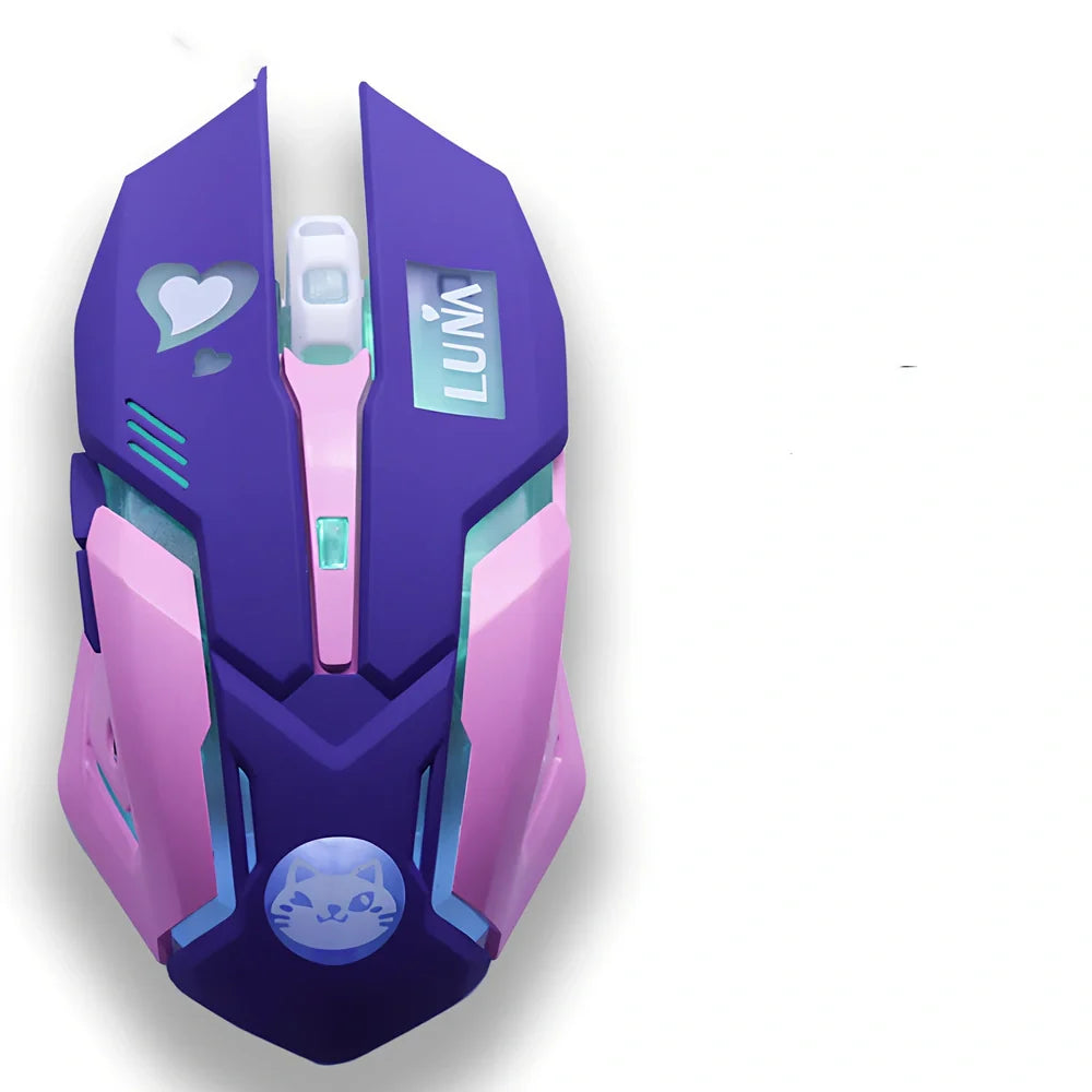 Pink blue wireless gaming mouse with 2400 DPI sensor, 6 keys, 100-120mm size for desktop use