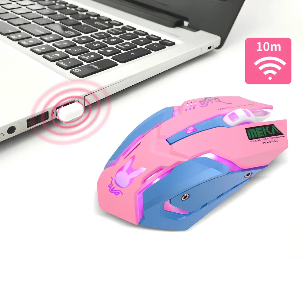 Pink blue wireless gaming mouse with 2400 DPI sensor, 6 keys, 100-120mm size for desktop use