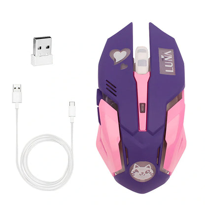 Pink blue wireless gaming mouse with 2400 DPI sensor, 6 keys, 100-120mm size for desktop use