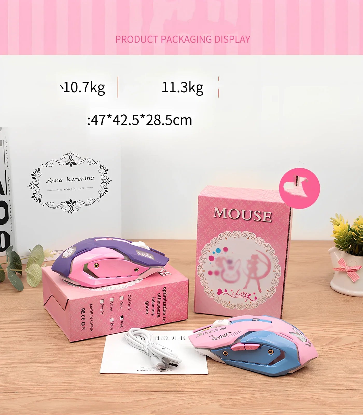 Pink blue wireless gaming mouse with 2400 DPI sensor, 6 keys, 100-120mm size for desktop use