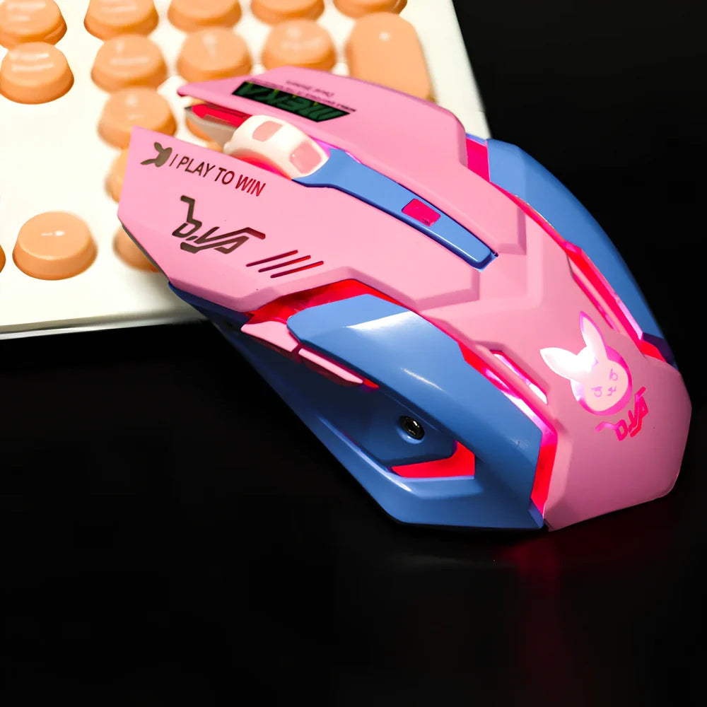 Pink blue wireless gaming mouse with 2400 DPI sensor, 6 keys, 100-120mm size for desktop use