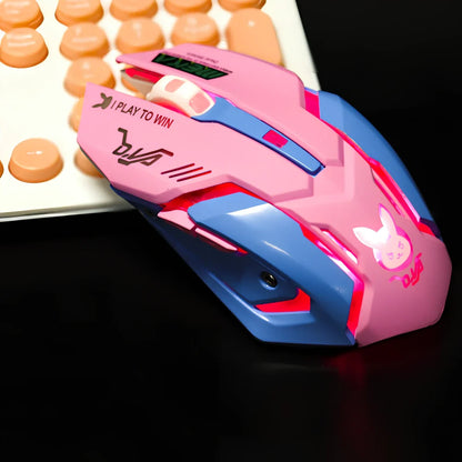 Pink blue wireless gaming mouse with 2400 DPI sensor, 6 keys, 100-120mm size for desktop use