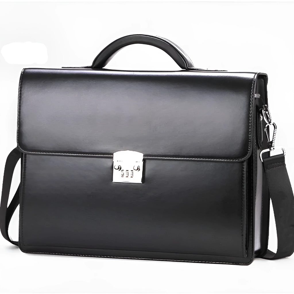 Men's black horizontal PU leather business briefcase with zipper open showing internal pockets.