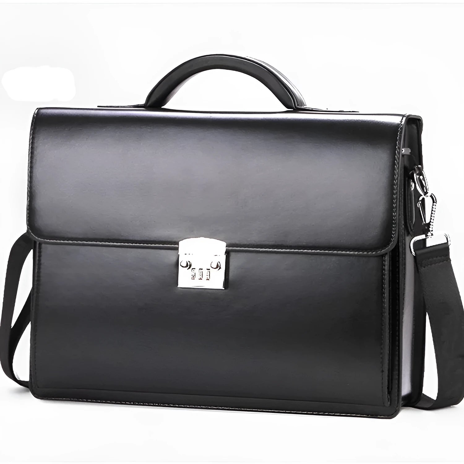 Men's black horizontal PU leather business briefcase with zipper open showing internal pockets.