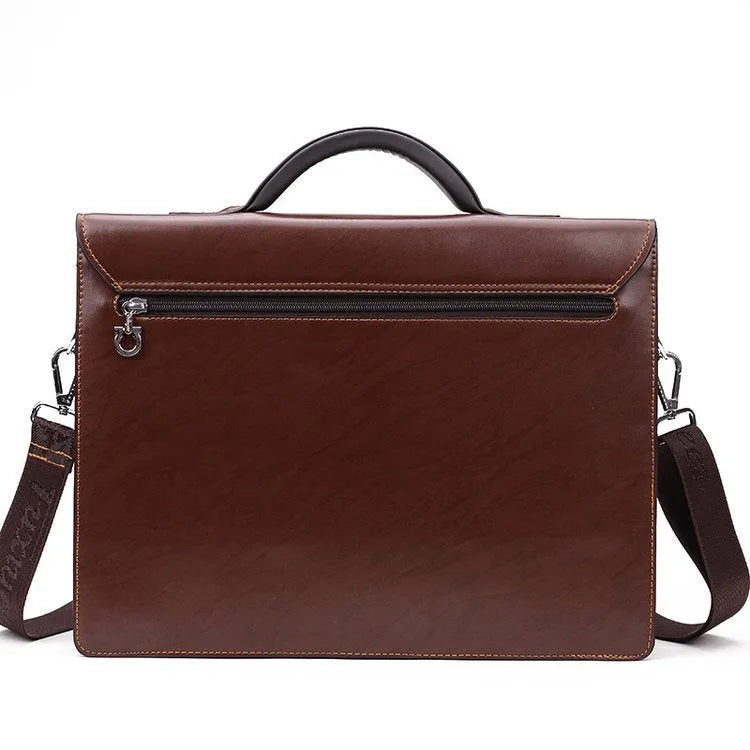 Men's black horizontal PU leather business briefcase with zipper open showing internal pockets.