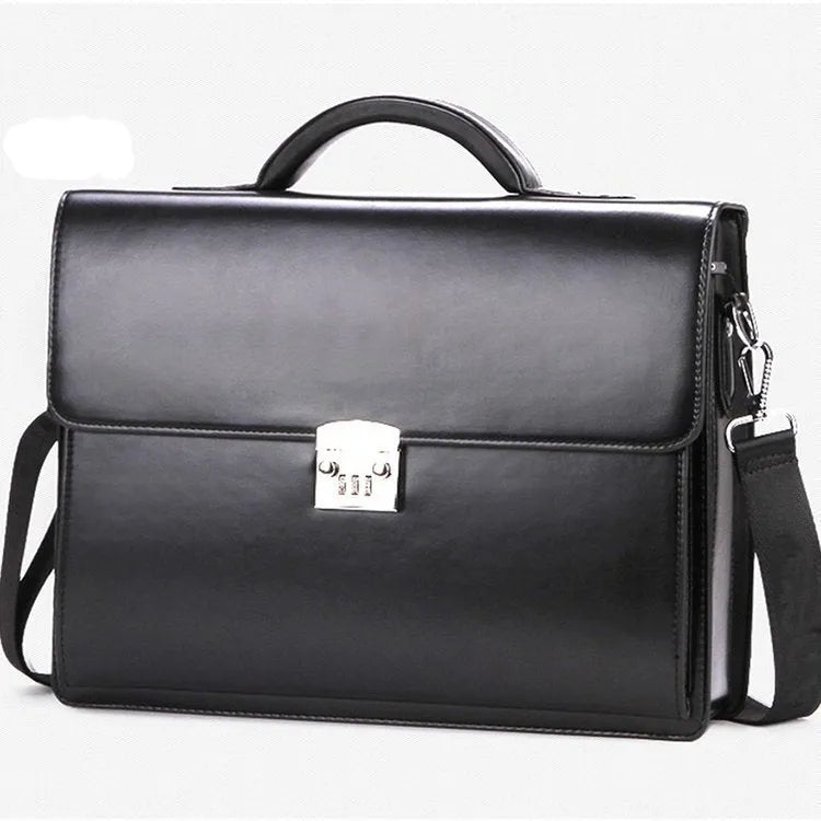Men's black horizontal PU leather business briefcase with zipper open showing internal pockets.