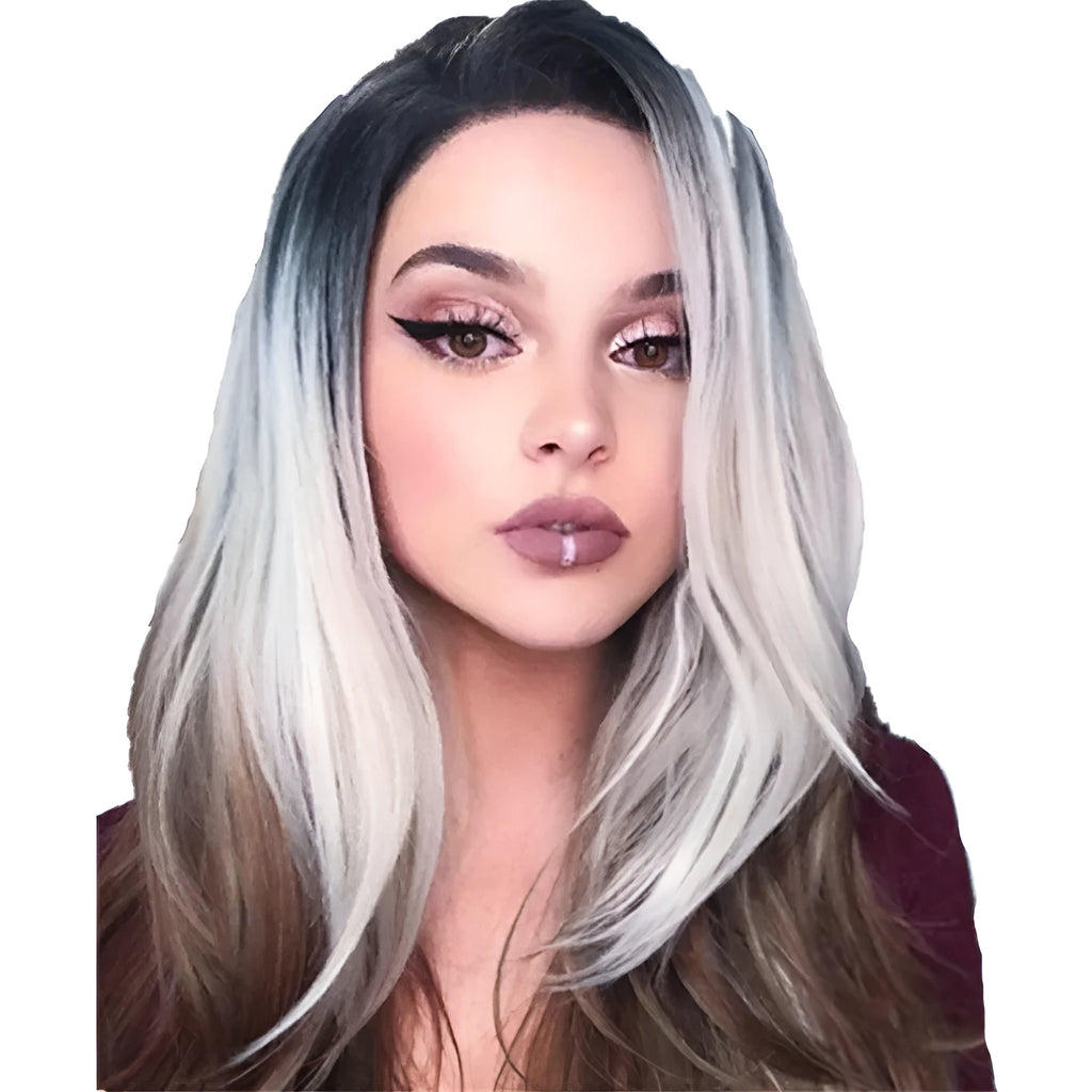 Three-colour gradient mid-section women's wig set in Linen Grey with oblique bangs on a white background