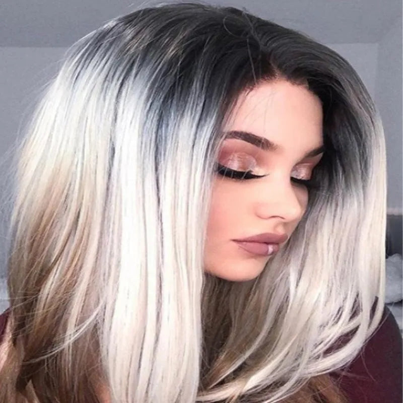 Three-colour gradient mid-section women's wig set in Linen Grey with oblique bangs on a white background