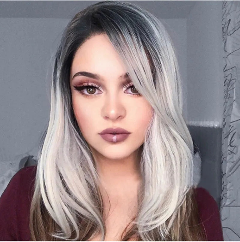 Three-colour gradient mid-section women's wig set in Linen Grey with oblique bangs on a white background