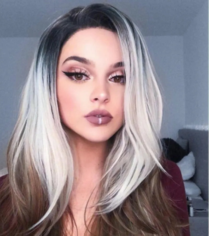 Three-colour gradient mid-section women's wig set in Linen Grey with oblique bangs on a white background