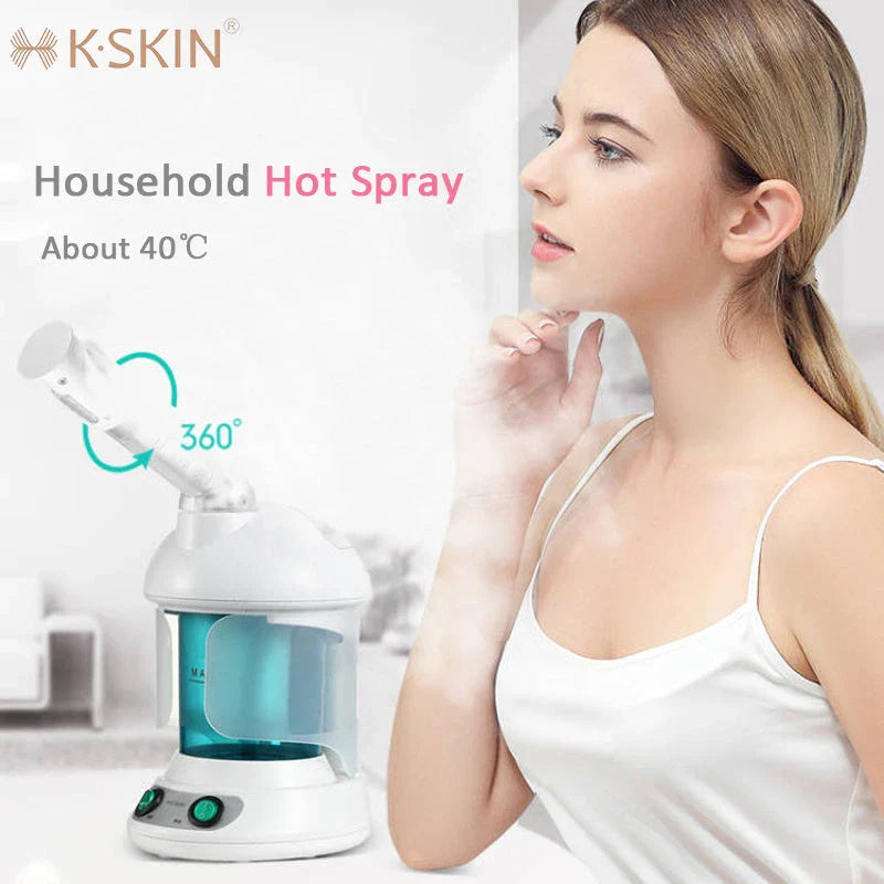 Advanced facial steamer with large water tank, rotating nozzle, and ionic steam technology for a rejuvenating at-home spa experience